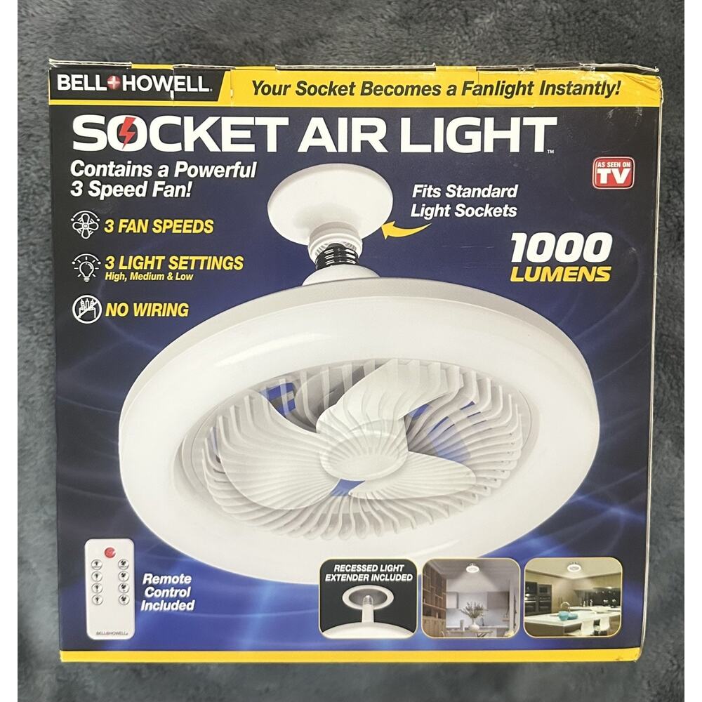 Bell + Howell Socket Air Light LED Fan 1000 Lumens 3 Speed Remote No Wiring NEW